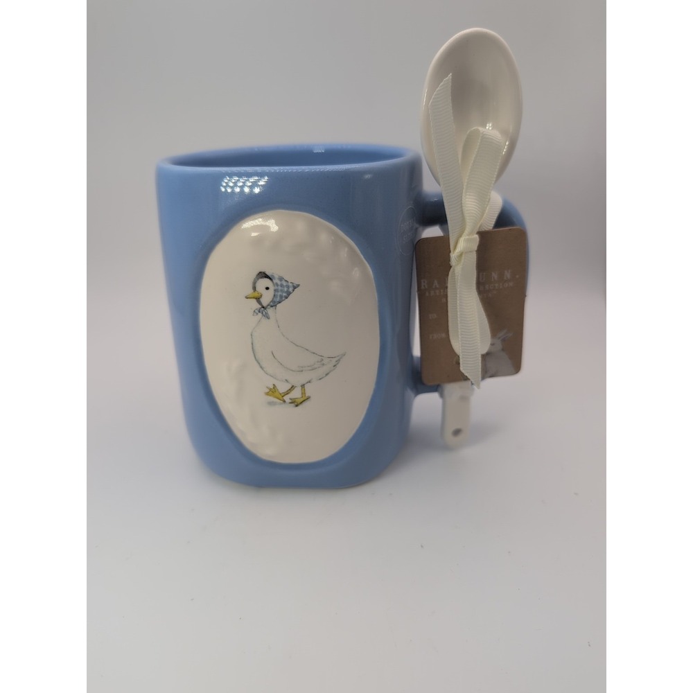 Rae Dunn Mother Goose Mug w Spoon Blue White Ceramic Farmhouse Cottagecore